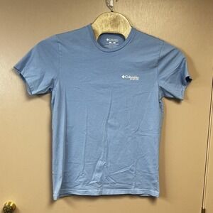 Columbia Mens PFG‎ Short Sleeve Blue L White Logo Flag on Back